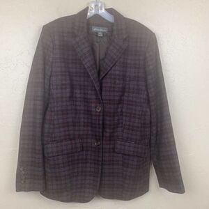 Eddie Bauer Womens Blazer Jacket Coat Gray Purple Plaid Buttons Flap Pockets 16